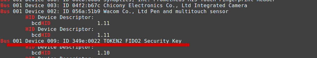 Example output from lsusb for identifying the FIDO key